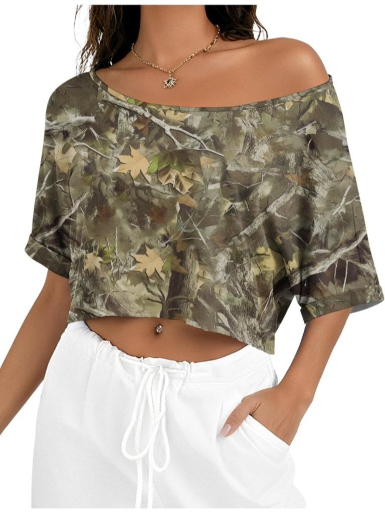 Women's Leaf Army Green Short Sleeve Off The Shoulder Boat Neck Loose Crop Top